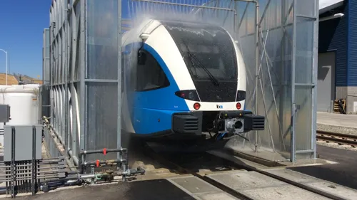 Train Transit Wash System with Overhead Spray Bars and Side Nozzles